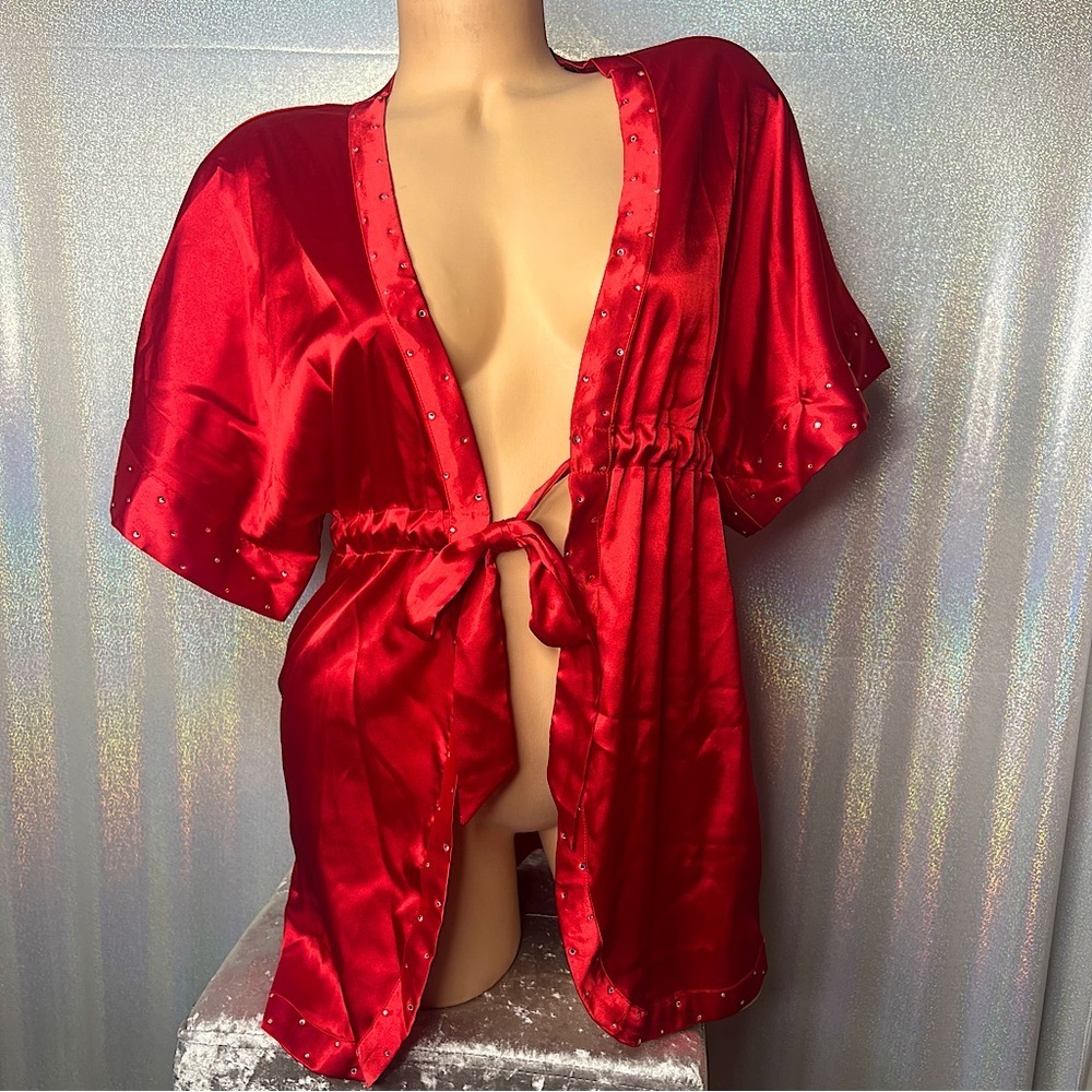La senza kimono bling robe silky satiny feel red crystals rhinestones tie up